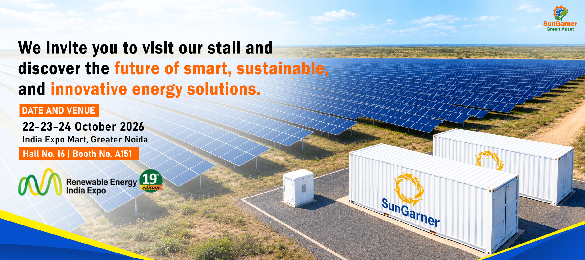 SG Green Asset at Renewable Energy India Expo - 22-23-24 October 2026, Hall 16, Booth A151